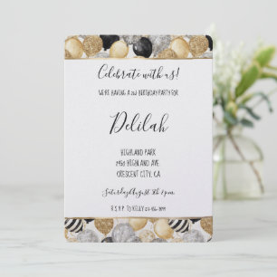 Black Silver Gold Glam Balloons Birthday Invitation