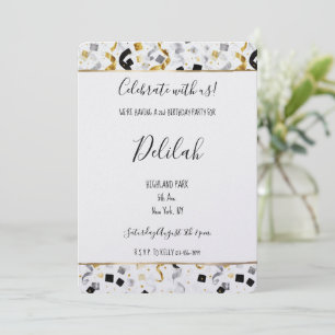Black Silver Gold Glam Confetti Birthday Invitation