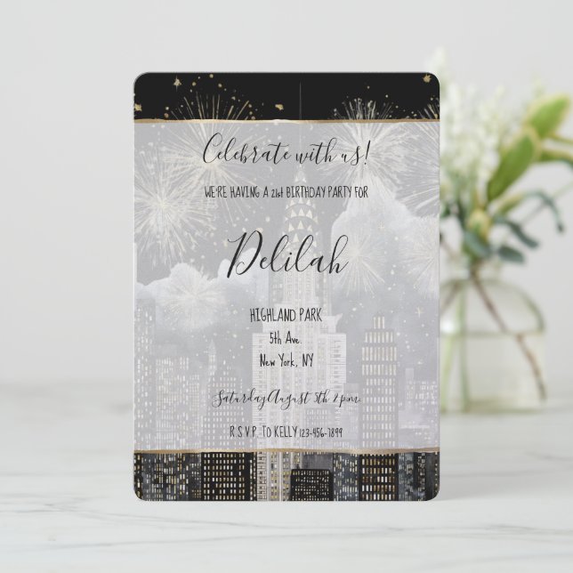 Black Silver Gold Glam Firework City Birthday Invitation (Standing Front)