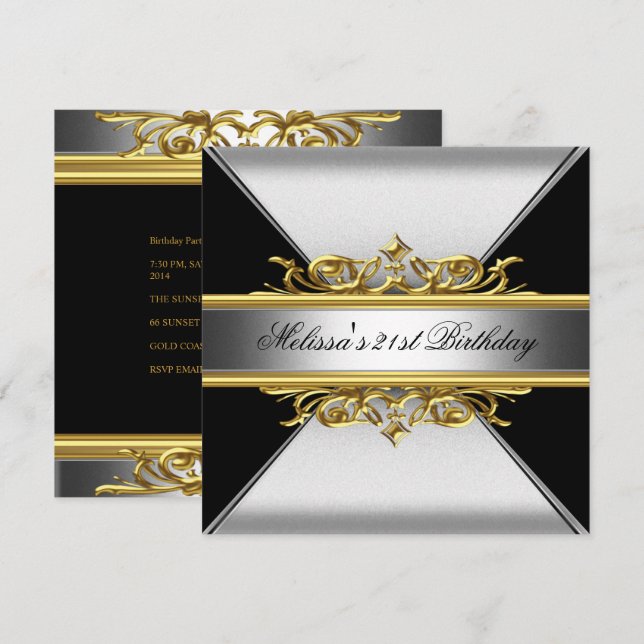 Black Silver Gold On Black 21st Birthday Party Invitation (Front/Back)