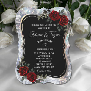 Black Silver Gothic Red Green Floral Wedding  Invitation