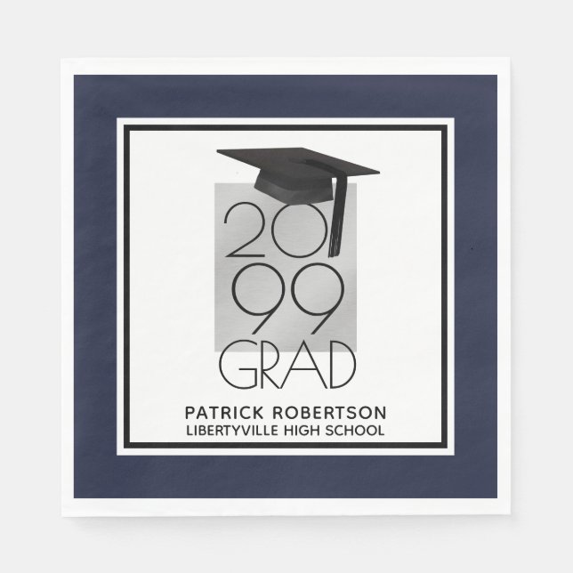 Black & Silver GRAD | Editable Navy | Graduation Napkin (Front)