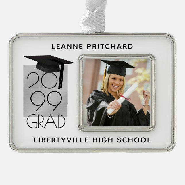 Black & Silver GRAD | Graduation Photo Keepsake Silver Plated Framed Ornament (Front)
