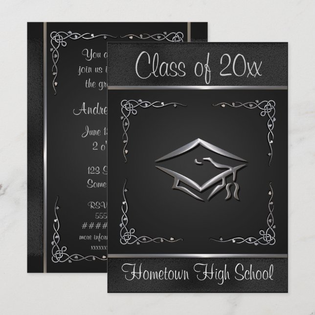Black Silver Graduation Invitations (Front/Back)