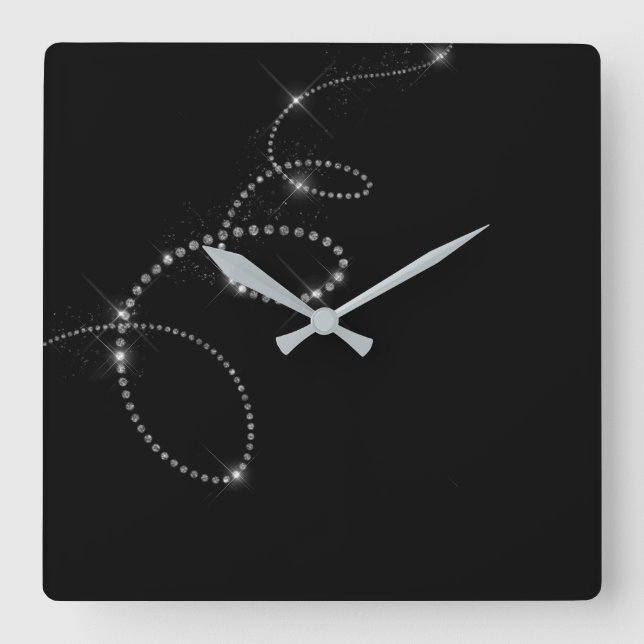 Black Silver Gray Gemms Crystal Swarovski Infinity Square Wall Clock (Front)