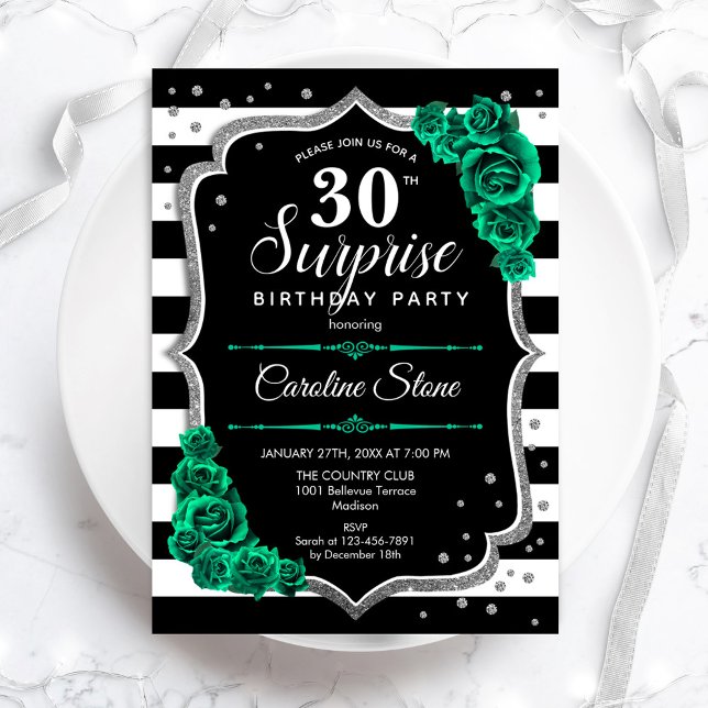 Black Silver Green Surprise 30th Birthday Invitation (Creator Uploaded)