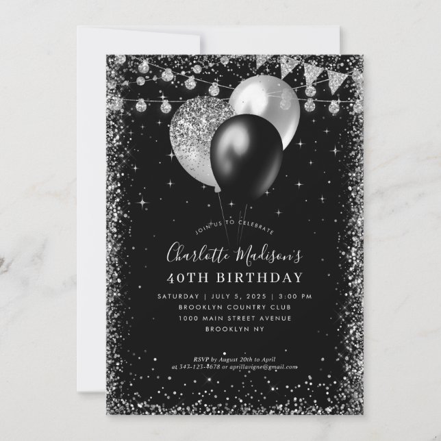 Black Silver Grey Balloon Lights Any Age Birthday Invitation (Front)