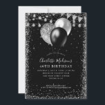 Black Silver Grey Balloon Lights Any Age Birthday Invitation<br><div class="desc">Modern Elegant Black Silver Slate Grey Glitter String Lights Banner Balloon Any Age Birthday</div>