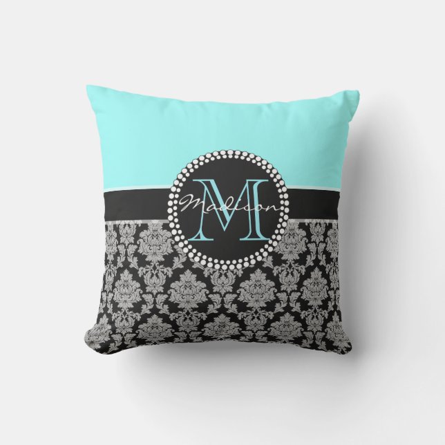 Black silver grey Damask, turquoise, aqua blue Outdoor Cushion (Front)
