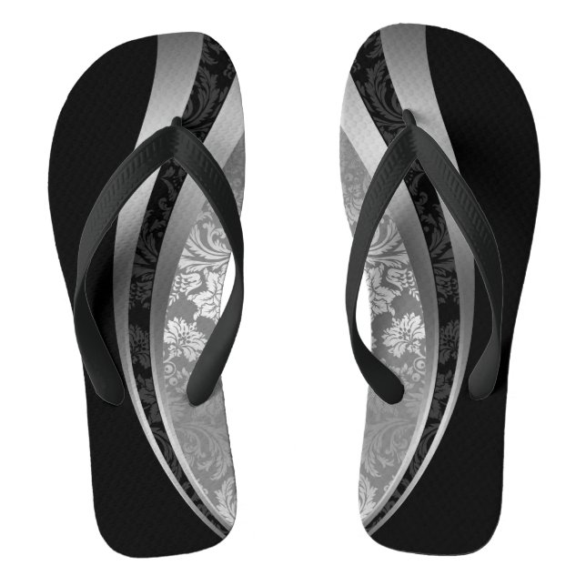 Black & Silver Grey Damasks Geometric Design Flip Flops (Footbed)