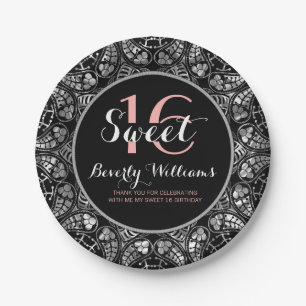 Black & Silver Grey Floral Lace Sweet 16 Paper Plate