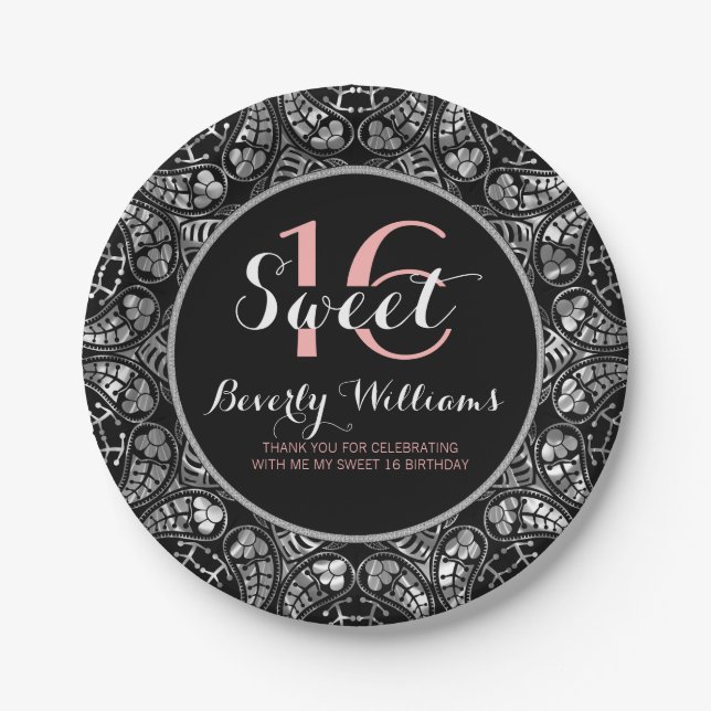 Black & Silver Grey Floral Lace Sweet 16 Paper Plate (Front)