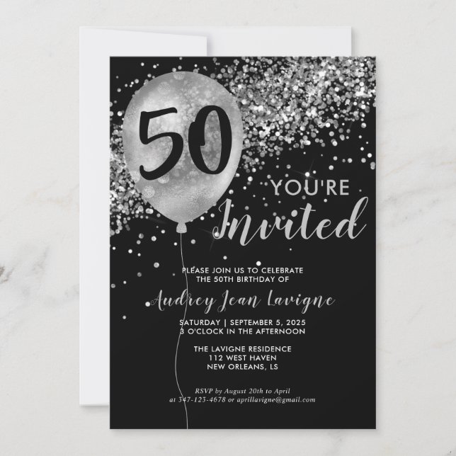 Black Silver Grey Glitter Balloon 50th Birthday Invitation (Front)