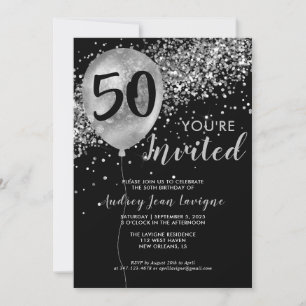 Black Silver Grey Glitter Balloon 50th Birthday Invitation