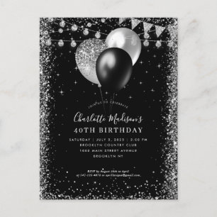 Black Silver Grey Glitter Balloon Any Age Birthday Postcard