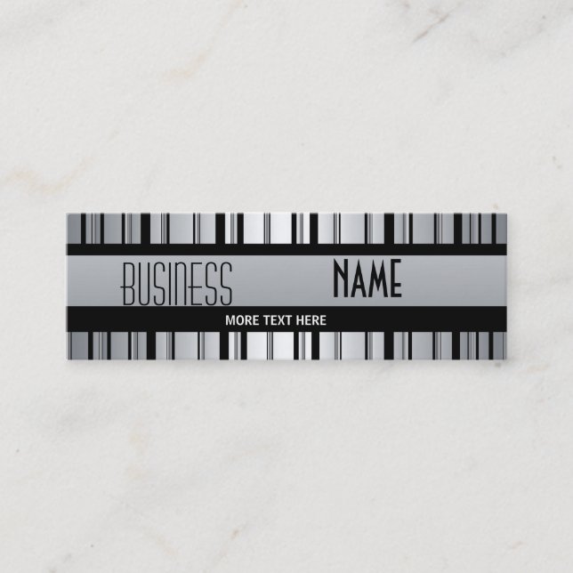 Black Silver Grey Metal look Stripe Mini Business Card (Front)
