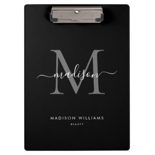 Black Silver Grey Monogram Elegant Script Name Clipboard