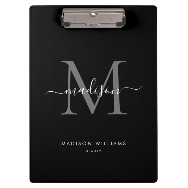 Black Silver Grey Monogram Elegant Script Name Clipboard (Front)