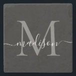 Black Silver Grey Monogram Feminine Script Name Stone Coaster<br><div class="desc">Elegant Modern Black Silver Slate Grey Monogram Feminine Script Name Stone Coaster</div>