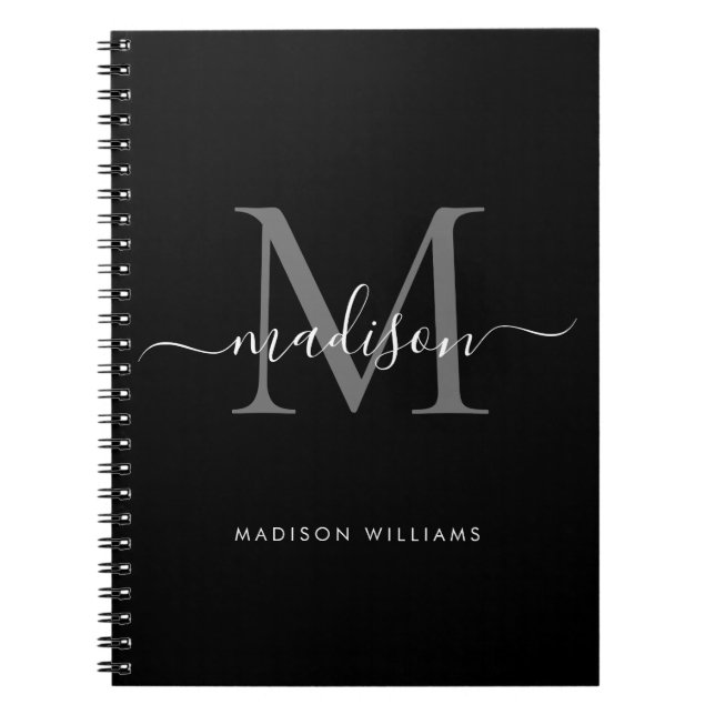 Black Silver Grey Monogram Script Name Initial Notebook (Front)