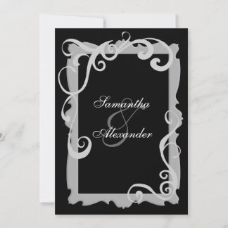 Black/Silver-Grey Swirl Frame Wedding Invitations