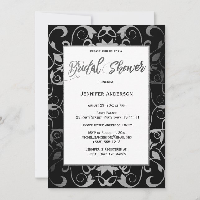Black Silver Grey White Elegant Bridal Shower Invitation (Front)