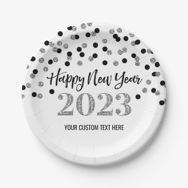 Black Silver Happy New Year 2023  Paper Plates (Front)