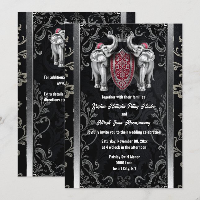 Black silver Hindi Hindu indian elephants crown Invitation (Front/Back)