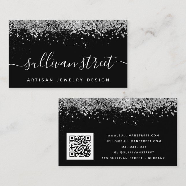 Black Silver Holographic Glitter QR Code  Business Card (Front/Back)