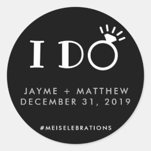 Black Silver 'I Do' Wedding Couple Hashtag Round Classic Round Sticker