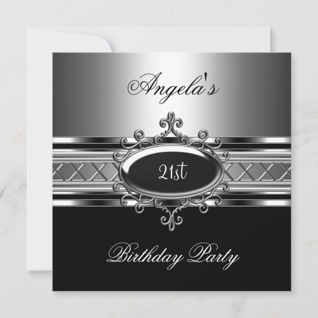 Black Silver Jewel 21st Elegant Birthday Party Invitation (Front)