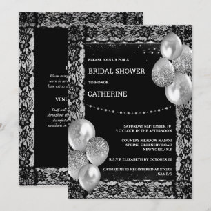 Black silver lace diamond shimmer chic balloon invitation