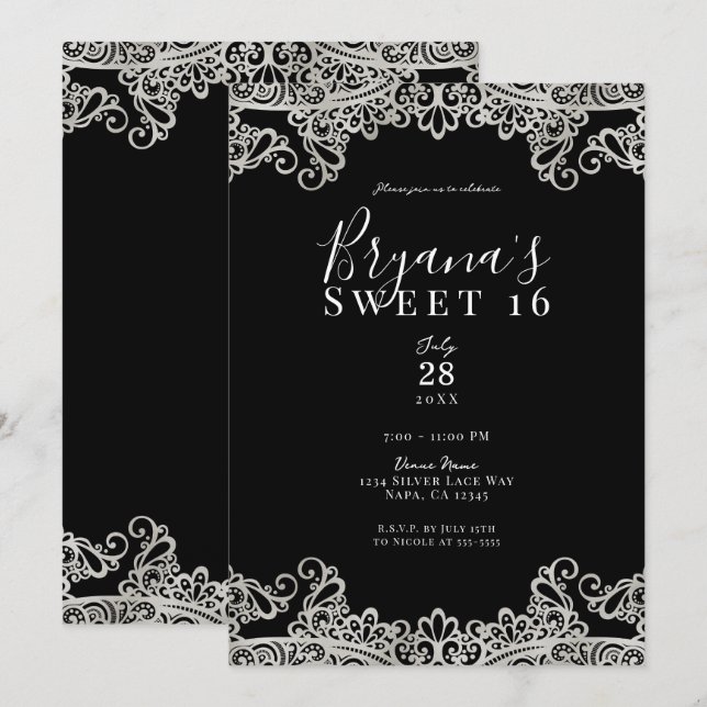 Black & Silver Lace Elegant Sweet 16 Party  Invitation (Front/Back)