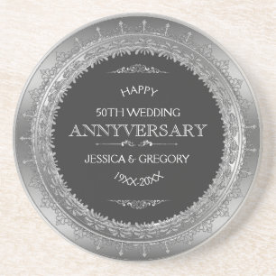 Black & Silver Lace Frame 25 Wedding Anniversary Coaster
