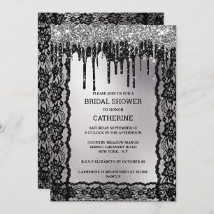 Black silver lace glitter dark moody luxurious  invitation