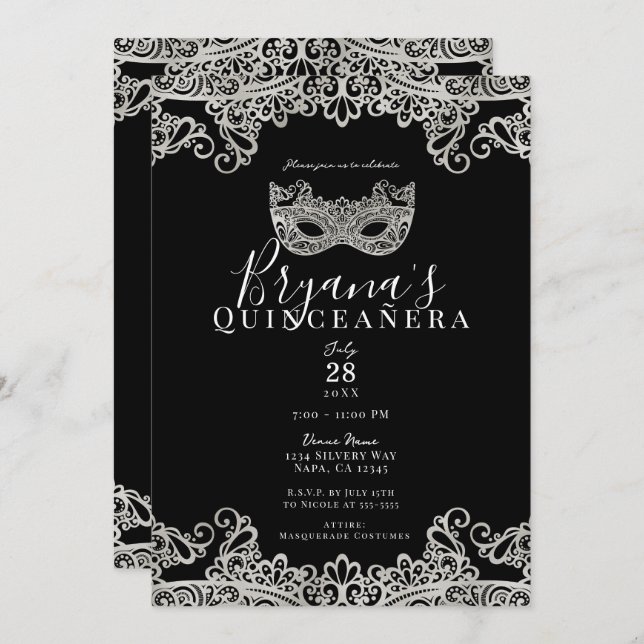 Black & Silver Lace Masquerade 15th Quinceañera  Invitation (Front/Back)