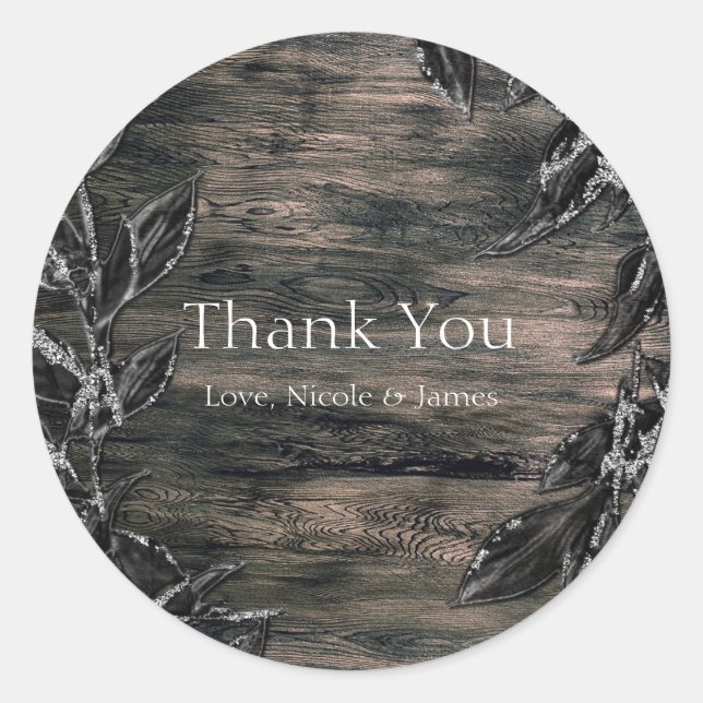 Black & Silver Leaves Dark Elegance Favour Classic Round Sticker (Front)