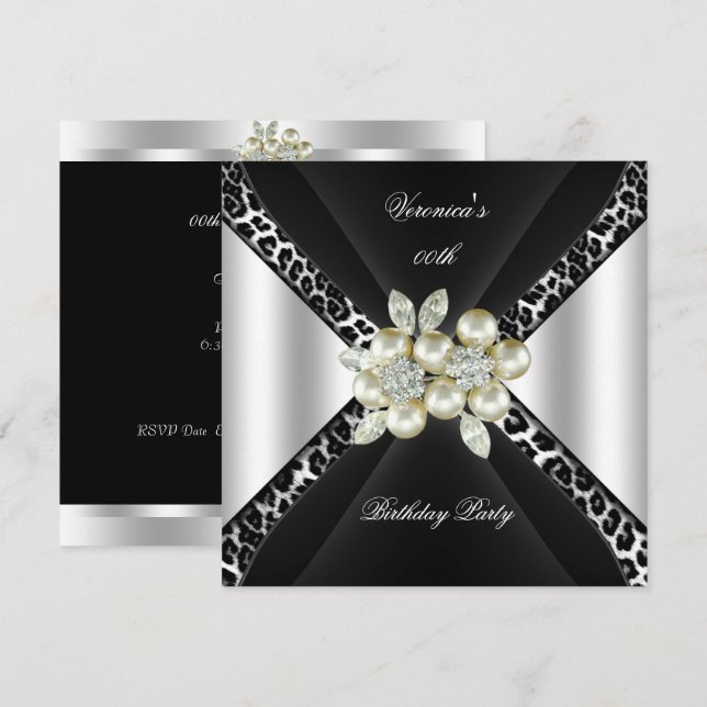Black Silver Leopard Pearl Jewel Birthday Party Invitation (Front/Back)