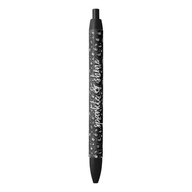 Black Silver Leopard Print Faux Glitter Black Ink Pen (Front Vertical)