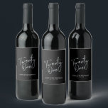 Black & Silver Lettering 21st Birthday Party Wine Label<br><div class="desc">This modern bottle label is perfect for a chic modern 21st birthday party. The design features silver lettering " Twenty One " with custom text. You can personalise the text and background colour. Matching invitation and party supplies are available at my shop BaraBomDesign. Thank you!</div>