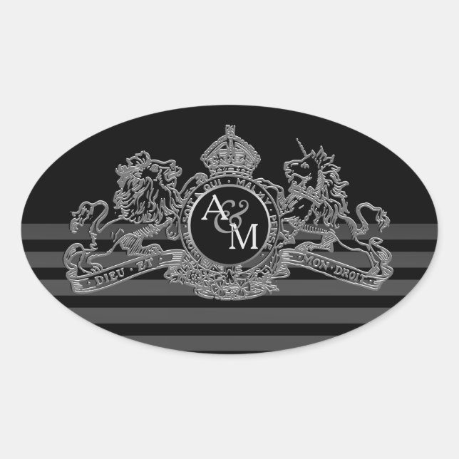 Black Silver Lion Unicorn Regal Emblem Monogram Oval Sticker (Front)