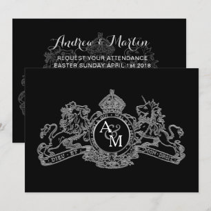 Black Silver Lion Unicorn Regal Emblem Wedding Invitation