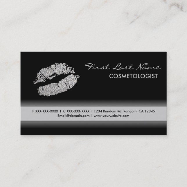Black silver lipstick mark glitter business cards (Front)