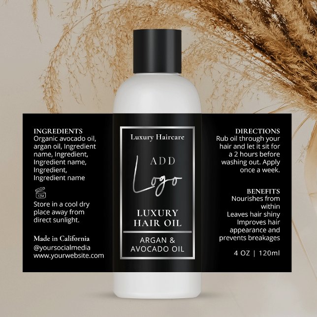 Black & Silver Logo 4 OZ Cosmetic Bottle Label (Black and silver logo custom 4 OZ cosmo bottle label template)