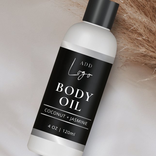 Black & Silver Logo Body Oil 4 OZ Cosmetic Bottle Rectangular Sticker (Black and silver logo 4 OZ cosmetic bottle wrap around label template)