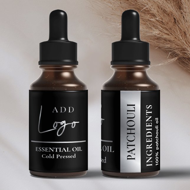 Black & Silver Logo Cosmetic Essential Oil Bottle (Elegant small 1 OZ dropper bottle wraparound label in black and silver *verify label size*)