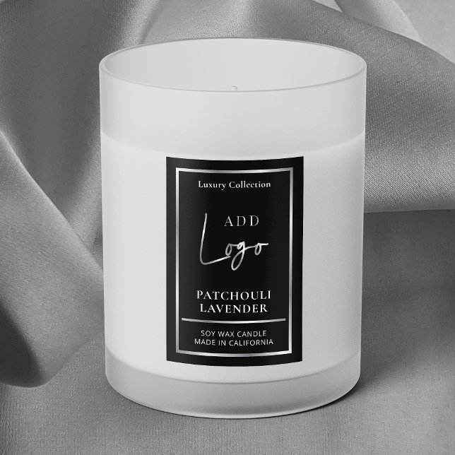 Black & Silver Logo Elegant Candle Vertical Label  (Modern vertical product label with black background and faux silver effects)