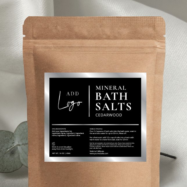 Black & Silver Logo Waterproof Bath Salts Label (Modern black and silver effect waterproof large rectangle product label with your logo)