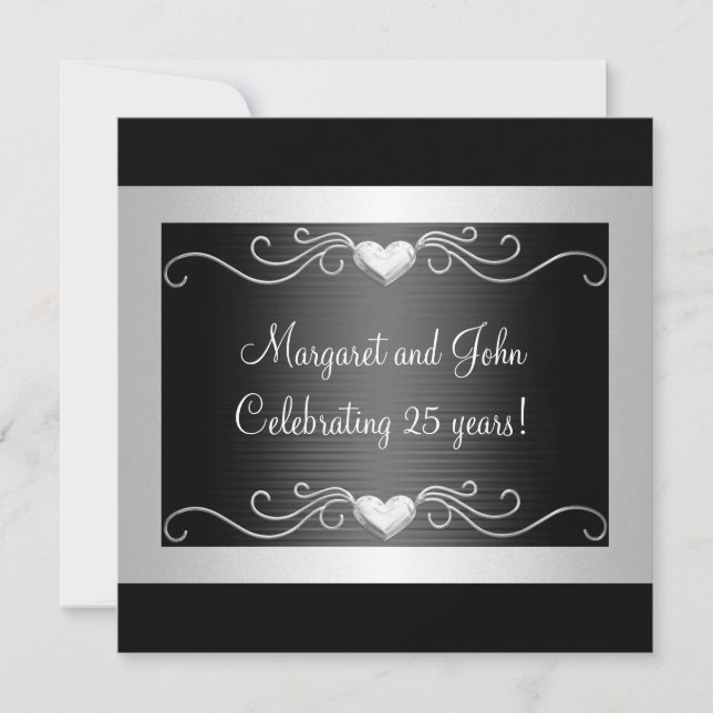 Black Silver Love Hearts 25th Anniversary Event 2 Invitation (Front)