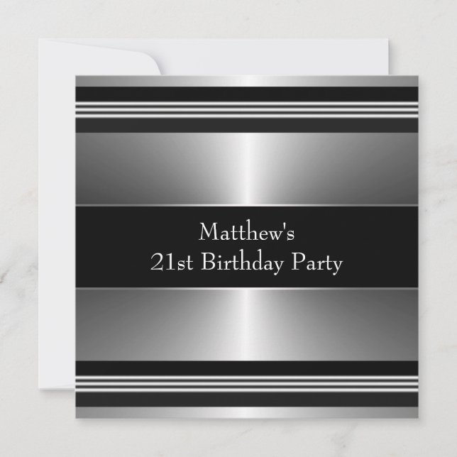 Black Silver Mans 21st Birthday Party Invitation (Front)